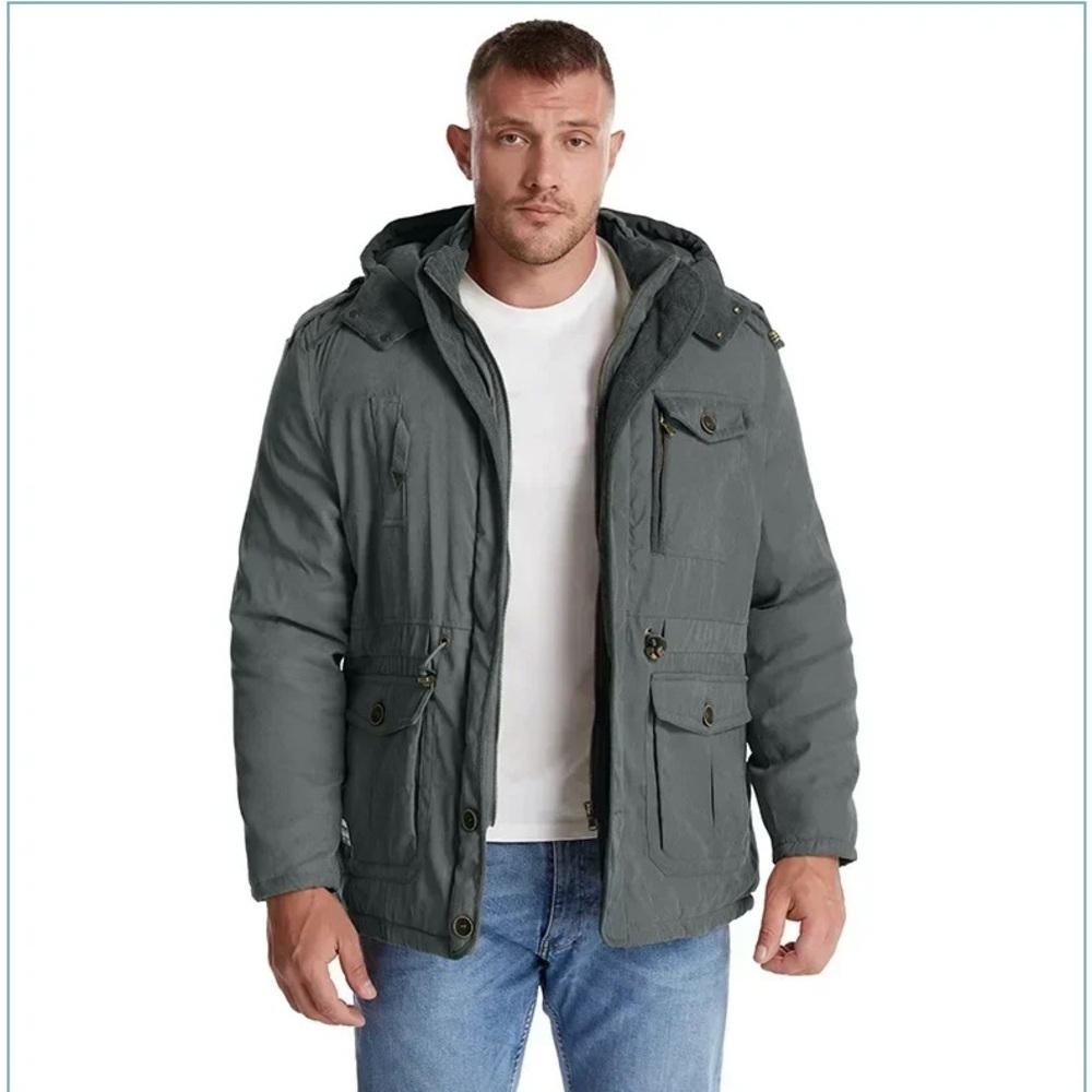 NWOT Men's Hooded Winter Jacket Lamb Fleece Multi-Pocket Casual Coat